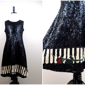 10/12 Girl&#39;s Sequin Piano Dress / RARE Black and White Sequined Beaded Dress / Music Recital Pageant Dress w/ Red Rose