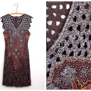 XS/S Boho Vintage Beaded Mini Dress • Brown Embellished Dress w/ Cut Outs Small XS
