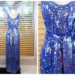 DAZZLING Periwinkle Sequin Gown by Oleg Cassini / Iridescent Purple Beaded Dress w/ Belt