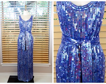 DAZZLING Periwinkle Sequin Gown by Oleg Cassini / Iridescent Purple Sequined Beaded Dress w/ Belt