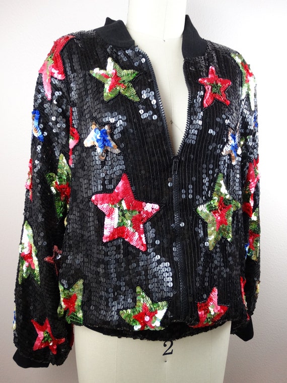 80s Star Sequin Bomber Jacket // Fully Sequined B… - image 2