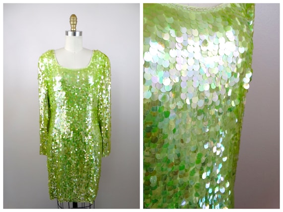 L XL Lime Green Sequin Party Dress Pastel Green Cocktail Dress Paillette Sequined Dress by Oleg Cassini Black Tie Etsy