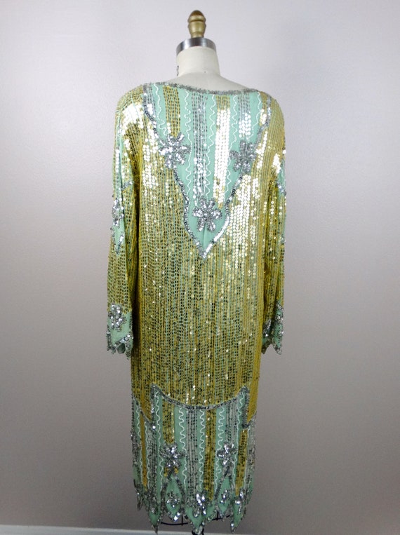 Gold and Silver Sequin Beaded Dress / Sage Silk S… - image 4