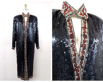 70s 80s Formal Beaded Sequin Midi Gown // Long Art Deco Sequined Dress // Sequin Embellished Evening Gown