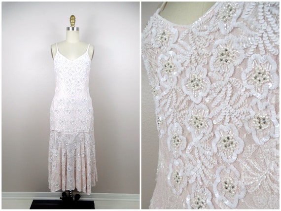 70s Blush Pink Lace Pearl Beaded Sequined Dress /… - image 6