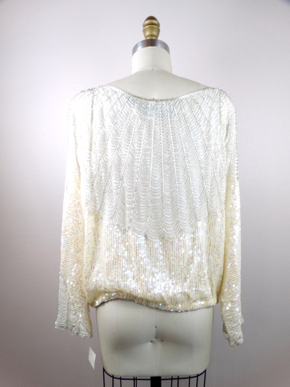 L/XL Loop Fringe Beaded Top / Iridescent Ivory Se… - image 3