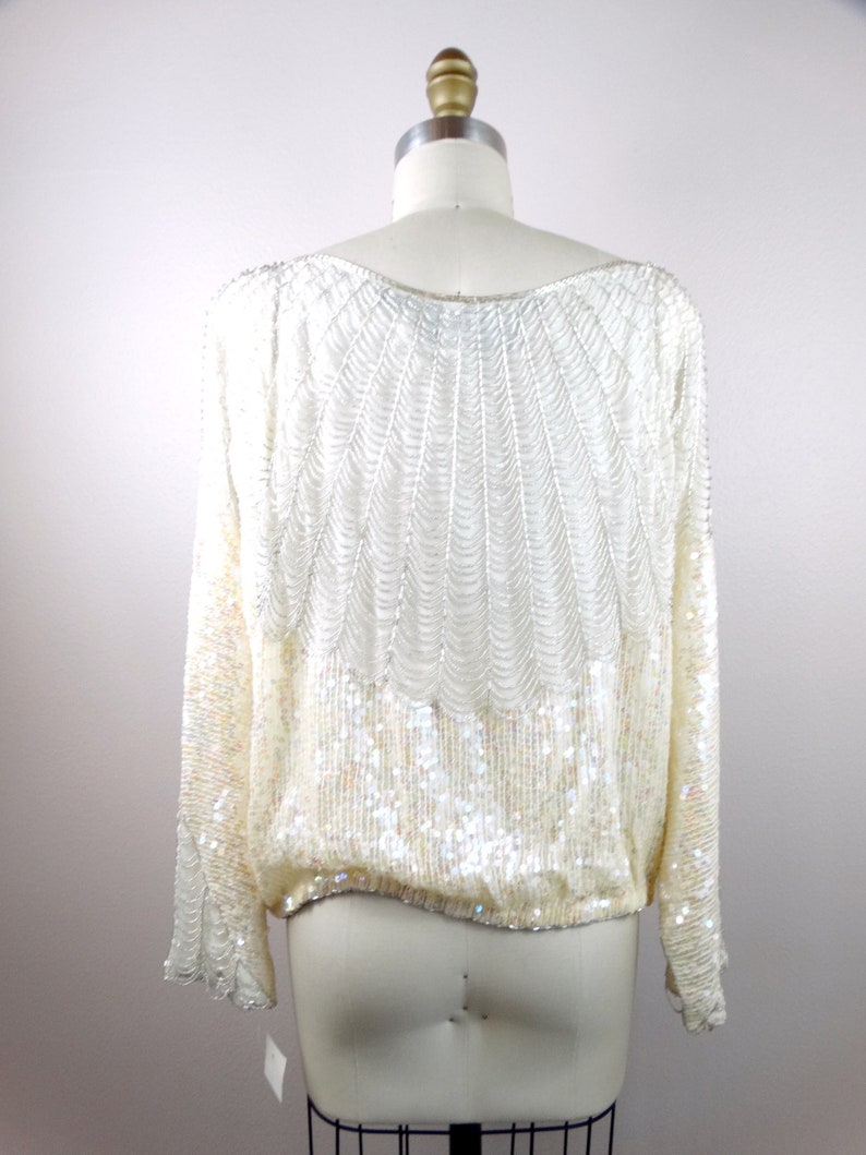 L/XL Loop Fringe Beaded Top / Iridescent Ivory Sequined Top Large image 3