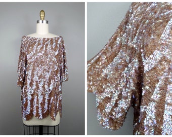 M/L Champagne Sequin Top / Iridescent Pink Cream Taupe Sequined Sheer Blouse