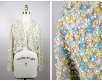 RARE Pearl Beaded Sequin Bolero // Pastel Sequined Floral Shrug // Vintage Fully Embellished Cropped Jacket