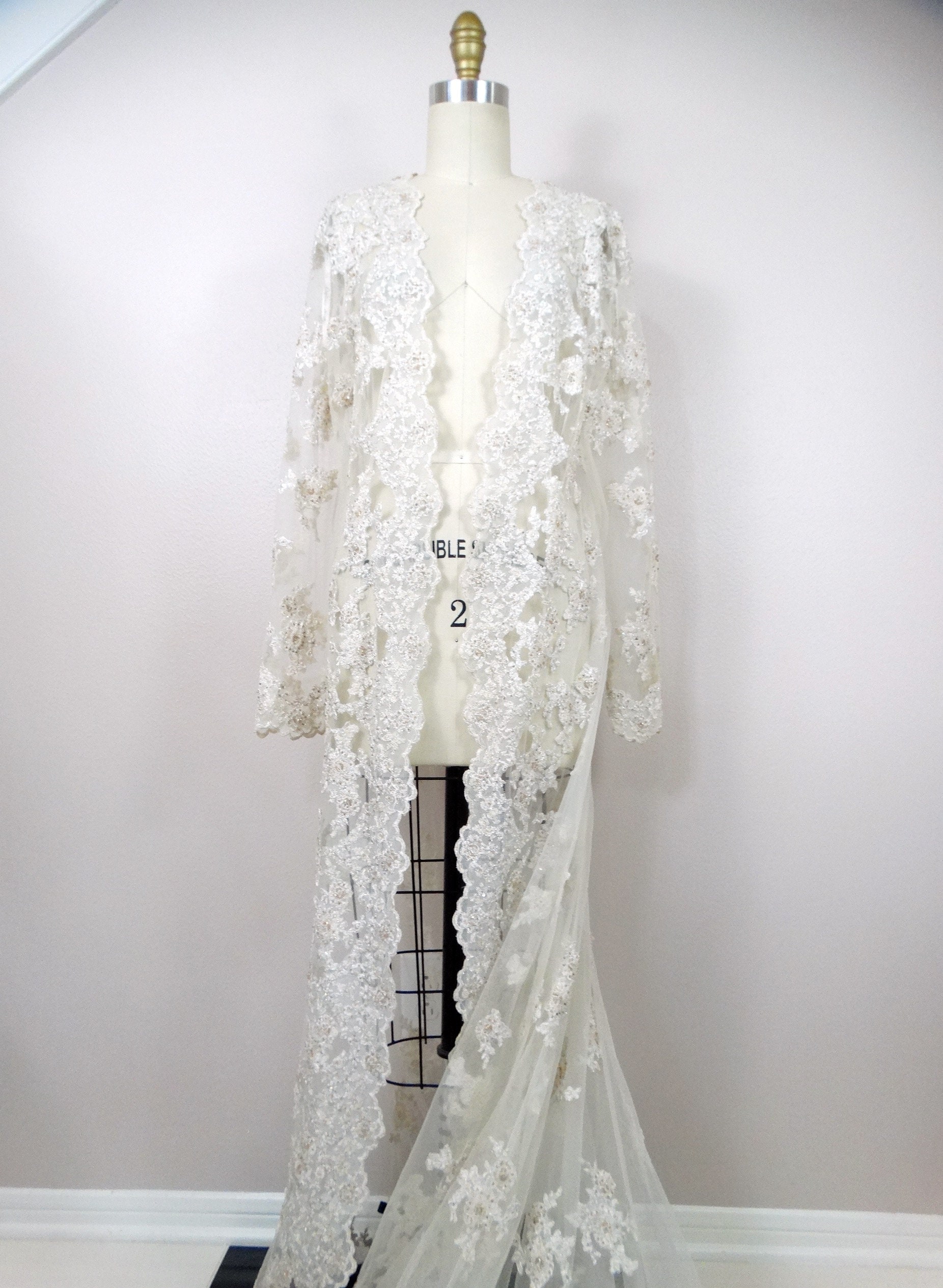 Sheer Lace Embellished Bridal Sweep Duster Jacket W/ Cathedral Train /  Bohemian Bride Vintage Wedding Robe Cover / Beaded Sequined Long Veil - Etsy