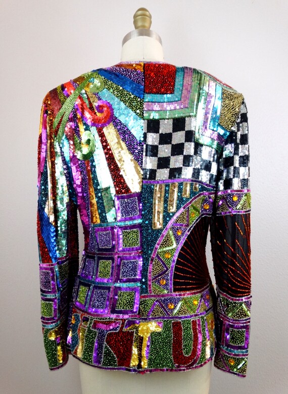 RETRO Rainbow Sequin Beaded Jacket // Glam Silk S… - image 2