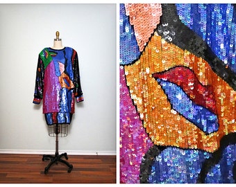 Abstract PICASSO Sequined Dress ‣ Heavy Long Sleeve Sequin Embellished Dolman Dress ‣ Oversized Balloon Dress