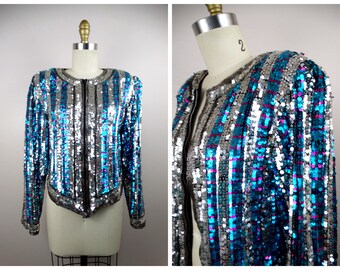 Reflective Sequined Zip Bolero Top / Fully Sequin Embellished Mirror Silver Blue and Pink Retro Striped Zipper Jacket