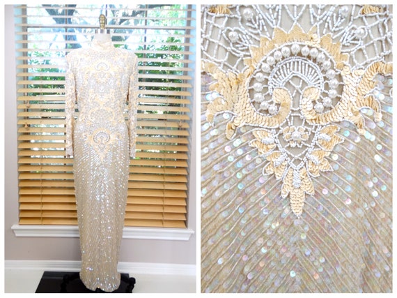 DAZZLING Iridescent Sequin Pearl Beaded Gown / Vintage Embellished Dress /  Ivory Silk Sequined Gown - Etsy