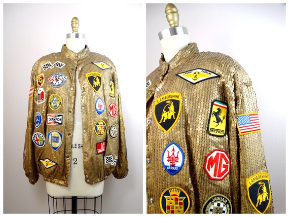 Luxury Cars Sequin Bomber Jacket Vintage Vehicle Patches Bomber Metallic Gold Sequined Racing Jacket by Jeanette for St. Martin