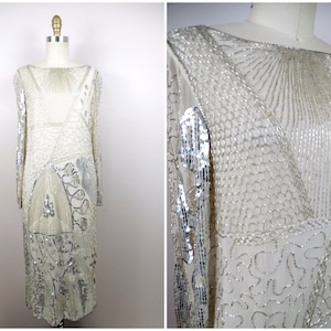 S/M Vintage Silk Beaded Sequined Dress // White and Silver Sequin Dress S Small