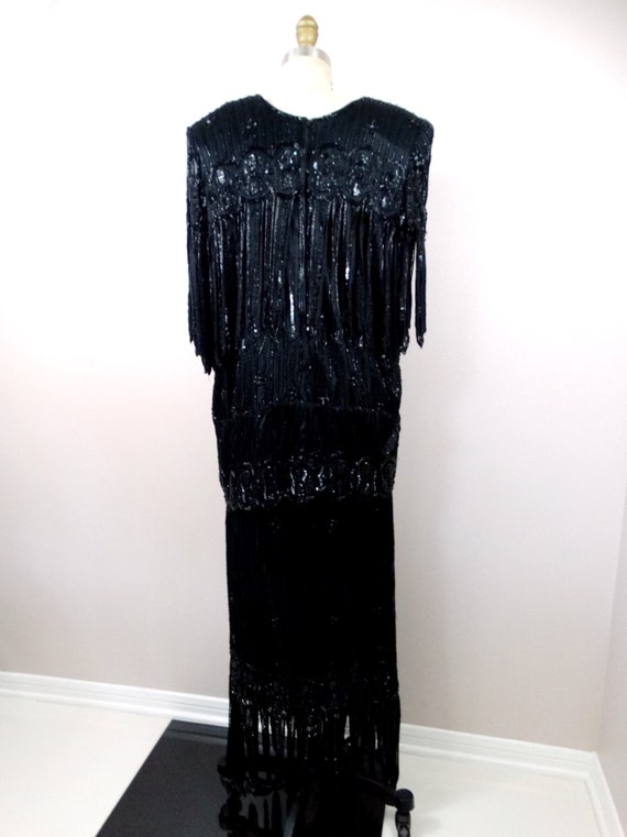 70s Black Lace Beaded 2 pc Fringe Gown // Art Dec… - image 5