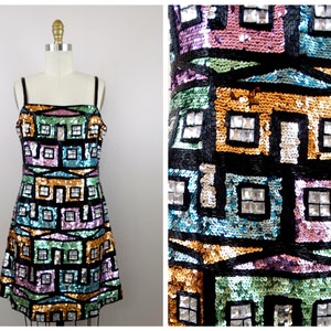 RARE Beaded Mini Dress / Pastel Gems and Jewels Wearable Art Micro Mini / Abstract Novelty Scene Sequin Dress