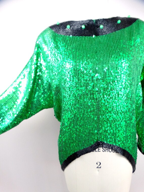 RARE Beaded Glam Bow Emerald Sequin Dolman // Vin… - image 4