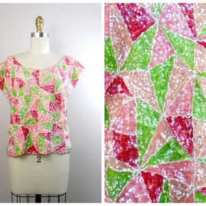 50s Mosaic Sequin Top // Pink and Green Sequined Beaded Top Small