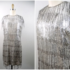 HEAVILY Beaded Fringe Gatsby Dress / Silver Sequin Flapper Dress