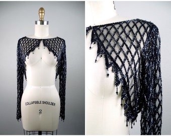 Bob Mackie Vintage Glass Beaded Bolero // Sheer Beaded Jet Black Netted Cropped Shrug // Cage Embellished See Through Crop Bolero