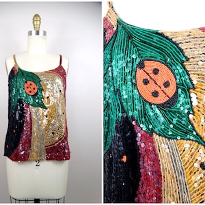 XS/S Ladybug Sequin Tank Top // Wild Art Deco Sequined Beaded Silk Camisole Top