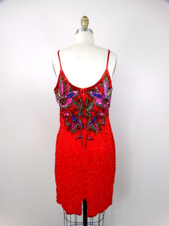 Red Silk Pink Beaded Dress // Bright Sequin Embel… - image 10