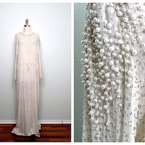 Vintage Pearl Beaded Wedding Dress / Ivory Silk Glass Beaded Gown / Heavily Embellished Iridescent Wedding Gown