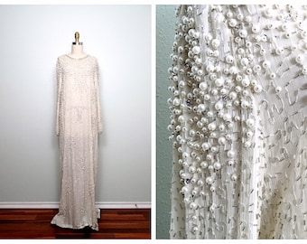 Vintage Pearl Beaded Wedding Dress / Ivory Silk Glass Beaded Gown / Heavily Embellished Iridescent Wedding Gown