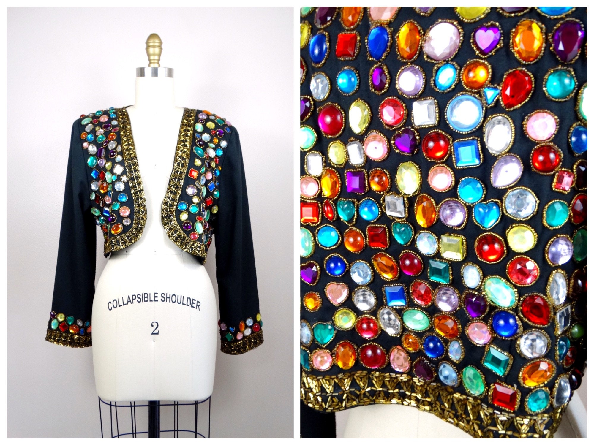 ☆BICOLOR BOW WOOL-BLEND BOLERO JACKET/KIMHEKIM☆ RARE Dazzling Bejeweled Bolero // GLAM Jewel Embellished