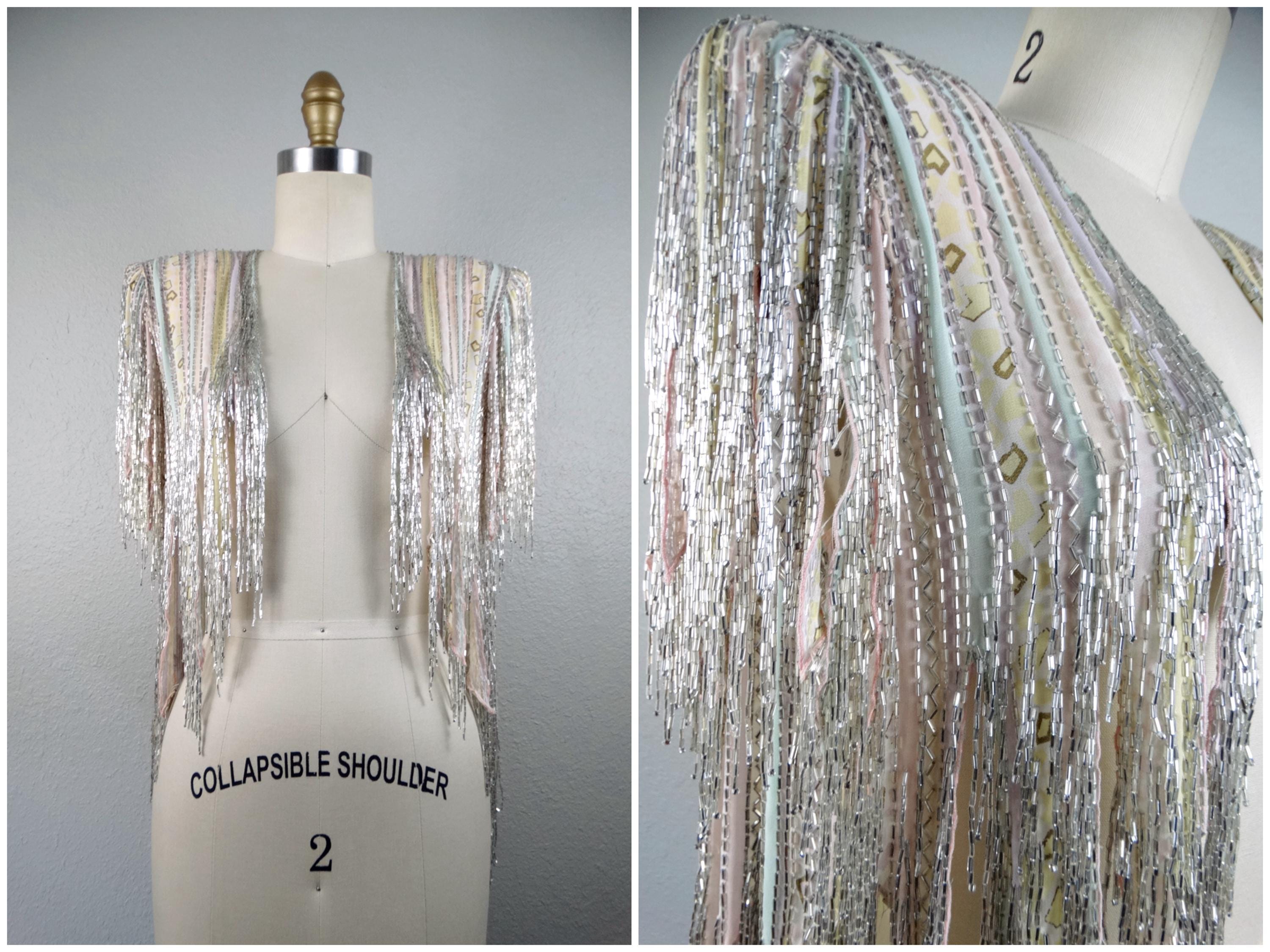 RARE Bob Mackie Fringe Beaded Bridal Bolero / Vintage Designer Couture Embellished Pastel Silver Beaded Jacket
