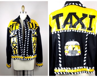 Novelty Sequin 80’s Jacket // New York Taxi Sequined Jacket // Checkered Yellow Cab Co. Jacket XL