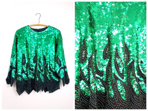 Plus Size Kelly Green Sequined Blouse // Emerald S