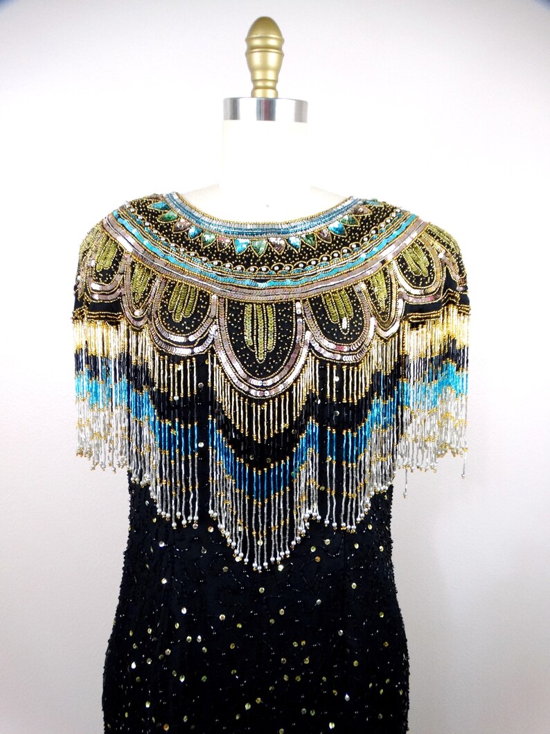 80s Gold Fringed Beaded Sequin Dress // Fringe Gatsby Flapper Dress // Gold Embellished Mini Dress image 4