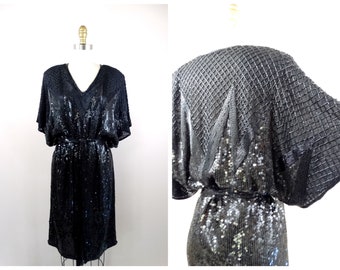 HALSTON Vintage Silk Beaded Sequined Dress // Oversized Wide Dolman Sleeves Black Sequin Couture Designer Dress