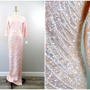 50s 60s Iridescent Sequin Wool Gown / EXQUISITE Pastel Pink and White Beaded Heavily Embellished Dress - made in Hong Kong