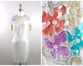 XS/S Pearl Beaded Dress // Iridescent Pastel Sequin Embellished Short Formal Party Dress // Floral Sequined Beaded White Silk Dress