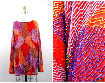 Bright Colorful Beaded Oversized Top or Mini Dress // Rainbow Beaded Tunic