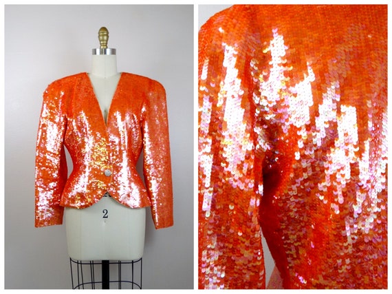 S/M Orange Sequin Blazer // Bright Sequined Vinta… - image 1