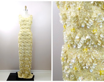 60s Iridescent Yellow Paillette Gown / Midcentury Couture Fully Embellished Pastel Gown w/ Sequined Clusters