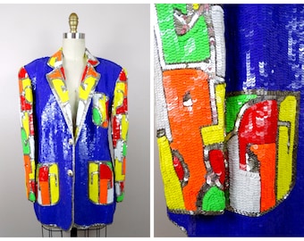 NEON Colorblock Sequin Blazer // Bright Color-block Sequined Coat // Retro Color Block Jacket