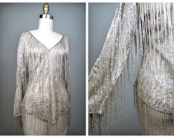 All Fringe Beaded Top / Haute Couture Designer Vintage Heavily Embellished Mirror Sequin Tassel Beaded Dressy Blouse