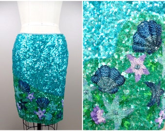 Italian Haute Couture Crystal Sequin Skirt - Made in Italy / Vintage Designer Rhinestone Encrusted Beaded Dress Skirt / Seashells & Starfish