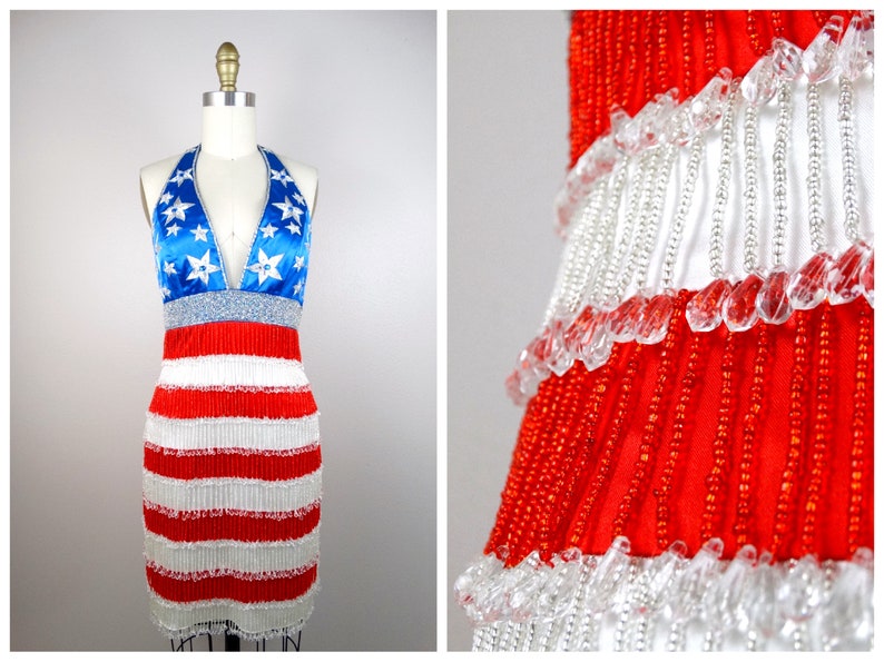 All Fringe Beaded Dress // Vintage USA Red White and Blue Retro Stars and Stripes Fringed Mini Dress US 2 