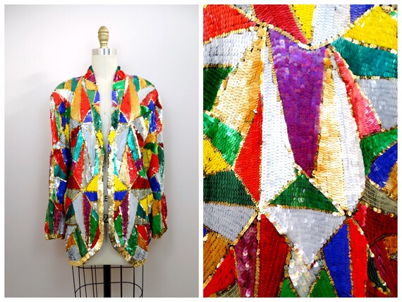 Mosaic Sequin Vintage Jacket / Colorful Fully Emb… - image 8