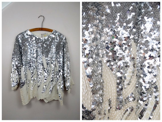 S/M Reflective Mirrored Sequin Top // Silver Sequ… - image 1
