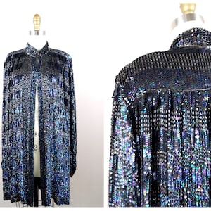 HEAVY All Sequined Beaded Long Jacket / Fancy Sequin Embellished Open Kaftan / Iridescent Black Sequin Silver Beaded Long Dress Coat