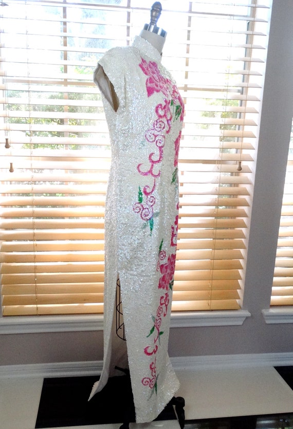 Vtg Cheongsam Sequin Gown / Vintage Iridescent Se… - image 6