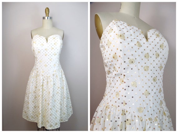 80s Bombshell Sequin Embellished Strapless Dress // Retro Pinup Gold  Sequined White Bustier Dress -  Canada